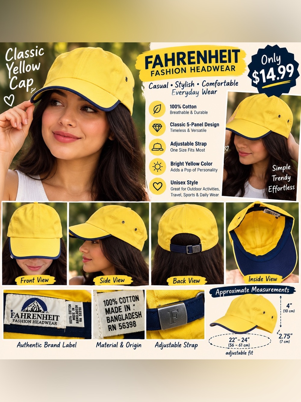 Fahrenheit Yellow and Navy Fashion Headwear